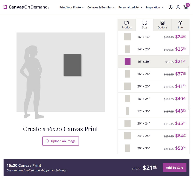 screenshot of canvasondemand.com's product builder