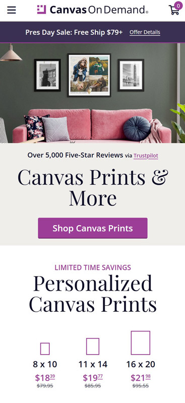 screenshot of canvasondemand.com's mobile home page