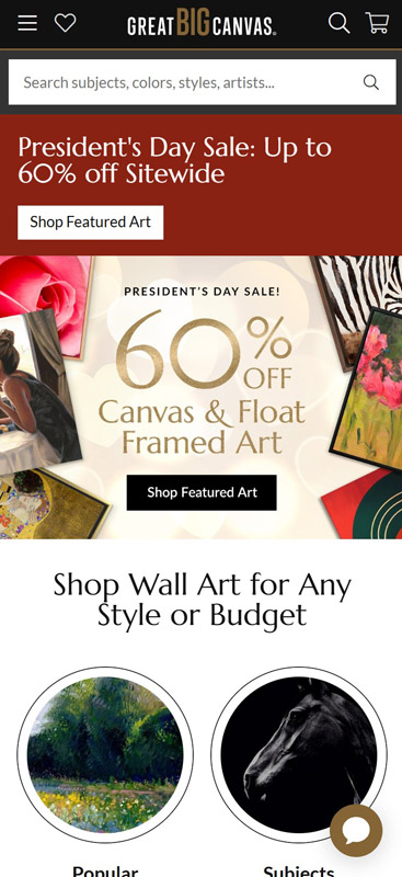 screenshot of greatbigcanvas.com's mobile home page